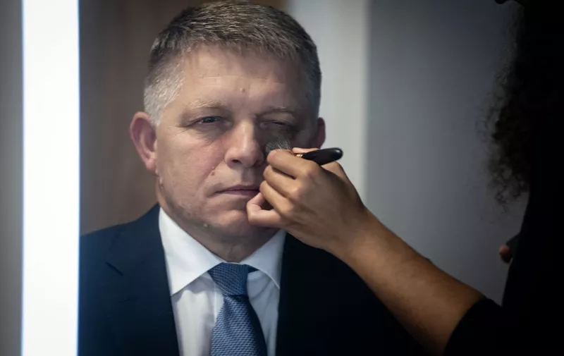 Leader of Direction - Social Democracy (Smer - SD) party Robert Fico prepares for an electoral TV debate on September 26, 2023 in Bratislava. The parliamentary elections are scheduled to be held on September 30, 2023 to elect members of the National Council. (Photo by VLADIMIR SIMICEK / AFP)