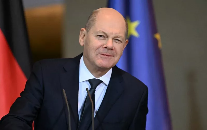 German Chancellor Olaf Scholz addresses a press conference with Thailand's Prime Minister at the Chancellery in Berlin, on March 13, 2024. (Photo by RALF HIRSCHBERGER / AFP)