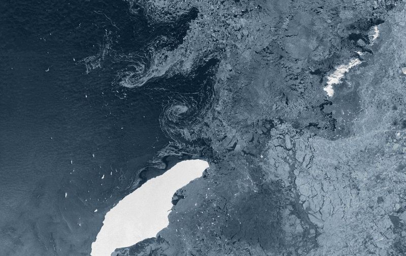 In this handout image made available by the European Space Agency on November 4, 2020, an image captured by Copernicus Sentinel-1 radar mission on July 5, 2020, shows the parent berg, A-68A, which is about twice the size of Luxemburg and one of the largest icebergs on record. - The world's biggest iceberg is on a collision course with a remote South Atlantic island that is home to thousands of penguins and seals, and could impede their ability to gather food, scientists told AFP on November 4, 2020. (Photo by Handout / EUROPEAN SPACE AGENCY / AFP) / RESTRICTED TO EDITORIAL USE - MANDATORY CREDIT "AFP PHOTO /European Space Agency " - NO MARKETING - NO ADVERTISING CAMPAIGNS - DISTRIBUTED AS A SERVICE TO CLIENTS