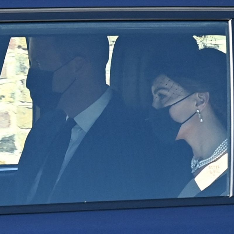 Britain's Prince William, Duke of Cambridge and Britain's Catherine, Duchess of Cambridge arrive for the funeral service of Britain's Prince Philip, Duke of Edinburgh in Windsor Castle in Windsor, west of London, on April 17, 2021. - Philip, who was married to Queen Elizabeth II for 73 years, died on April 9 aged 99 just weeks after a month-long stay in hospital for treatment to a heart condition and an infection. (Photo by Glyn KIRK / POOL / AFP)