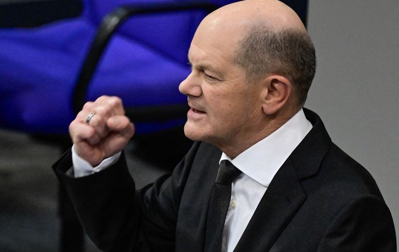 German Chancellor Olaf Scholz speaks during a plenary session in the Bundestag, Germany's lower house of parliament debating the governments budget, in Berlin on January 31, 2024. (Photo by Tobias SCHWARZ / AFP)