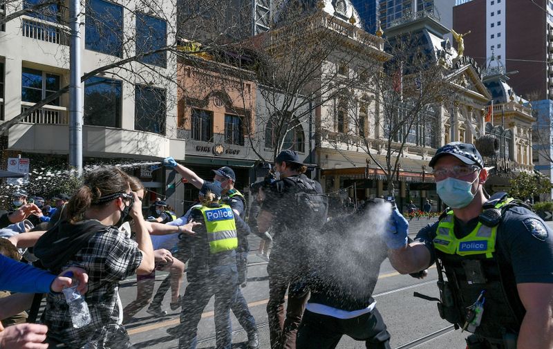 Protesters and Police clash during the Freedom protest on August 21, 2021 in Melbourne, Australia. Freedom protests are being held around the country in response to the governments COVID-19 restrictions and continuing removal of liberties.
Melbourne Freedom Rally, Melbourne, Melbourne, Australia - 21 Aug 2021,Image: 628131129, License: Rights-managed, Restrictions: , Model Release: no, Credit line: Profimedia
