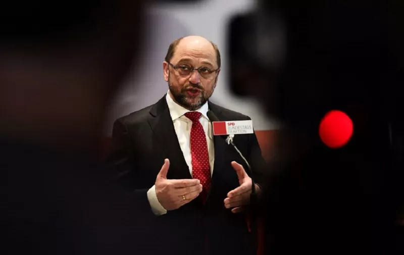 Former European Parliament President Martin Schulz gives a press statement after an extraordinary meeting of the SPD's parliamentary group on January 25, 2017 in Berlin.
Germany's Social Democrats unexpectedly named Martin Schulz as their candidate for the chancellorship, raising the stakes in a September election that promises to be Angela Merkel's toughest yet. / AFP PHOTO / Tobias SCHWARZ