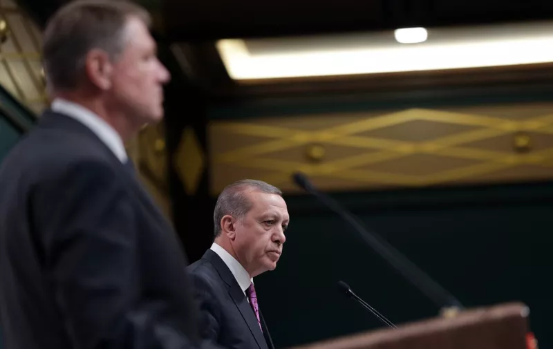 ANKARA, TURKEY - MARCH 23: Romanian President Klaus Werner Iohannis (L) and Turkish President Recep Tayyip Erdogan (R) hold a press conference after their meeting at the Presidential Complex in Ankara, Turkey on March 23, 2016. Turkish Presidency Press Office / Murat Bascetinmuhurdar / Anadolu Agency, Image: 279140734, License: Rights-managed, Restrictions: , Model Release: no, Credit line: Profimedia, Abaca