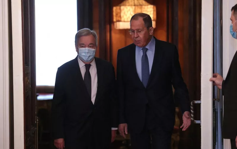 Russian Foreign Minister Sergei Lavrov meets with UN Secretary-General Antonio Guterres in Moscow on April 26, 2022. (Photo by Maxim SHIPENKOV / POOL / AFP)