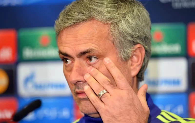 Chelsea's Portuguese manager Jose Mourinho gives a press conference at Stamford Bridge in London on March 10, 2015, ahead of their UEFA Champions League, round of 16, second leg football match against Paris Saint Germain on March 11, 2015. AFP PHOTO / GLYN KIRK