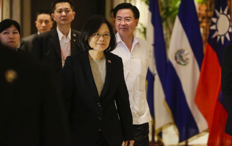 The President of Taiwan Tsai Ing-wen walks in the hotel, during her visit for the inauguration of President Daniel Ortega's fourth term in Managua, on January 9, 2017. / AFP PHOTO / INTI OCON