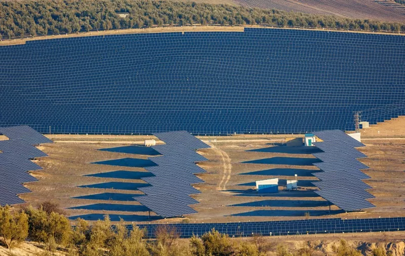 Replacement of olive fields with gigantic photovoltaic panel installations, Village of Fuensante, Municipality of Pinos Puente, Andalusia, Spain (Photo by Sylvain Cordier / Biosphoto / Biosphoto via AFP)