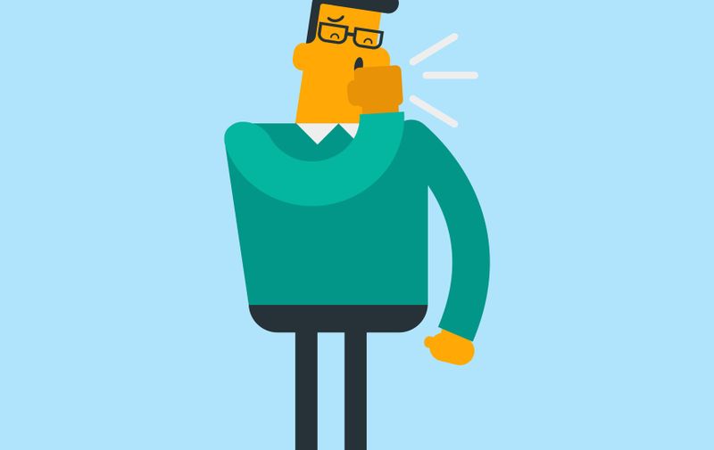 Sick caucasian white man coughing into his hand. Strongly coughing young sick man suffering from asthma or flu virus. Guy has a sore throat. Vector cartoon illustration. Horizontal layout.