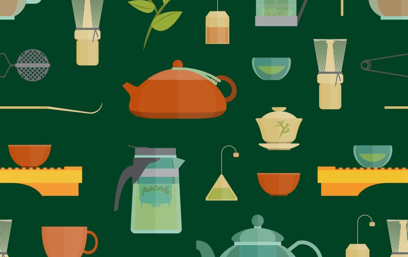 Cartoon Tea Ceremony Seamless Pattern Background Elements Chinese and Japanese Traditional Culture Concept Flat Design Style on a Green. Vector illustration