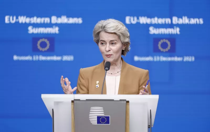 European Commission President Ursula von der Leyen delivers a press conference at the end of the EU-Western Balkans summit at the European headquarters in Brussels, on December 13, 2023. EU chief Ursula von der Leyen on December 13, 2023 urged the bloc's 27 leaders to back massive financial aid for Ukraine and Kyiv's ambitions for membership talks, ahead of a crunch summit. (Photo by KENZO TRIBOUILLARD / AFP)