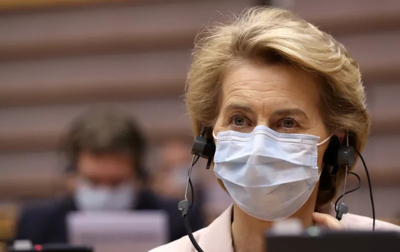 President of the European Commission Ursula von der Leyen wears a protective facemask as she attends a plenary session at The European Parliament in Brussels on July 8, 2020, upon the presention of the German programme for EU presidency. - The German presidency started on July 1, and will last until December 31, 2020. (Photo by YVES HERMAN / POOL / AFP)