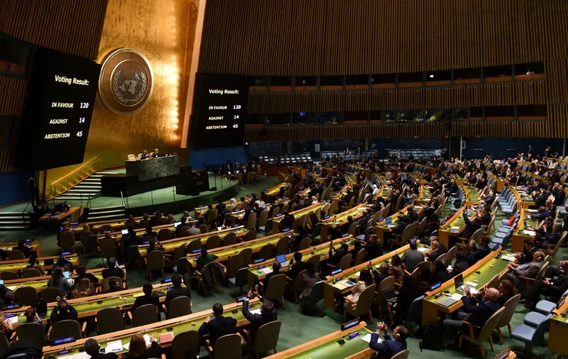 The UN General Assembly votes for an "immediate humanitarian truce" in Gaza, as the Israel-Hamas conflict raged for a 21st da at the UN in New Yorl on October 27, 2023. The nonbinding resolution, criticized by Israel and the United States for failing to mention Hamas, received 120 votes in favor, 14 against and 45 abstentions. Thousands of civilians, both Palestinians and Israelis, have died since October 7, 2023, after Palestinian Hamas militants based in the Gaza Strip entered southern Israel in an unprecedented attack triggering a war declared by Israel on Hamas with retaliatory bombings on Gaza. (Photo by Andrea RENAULT / AFP)