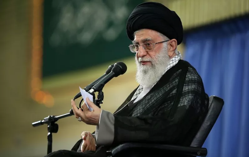 A handout picture released by the official website of the Iranian supreme leader Ayatollah Ali Khamenei shows Khamenei delivering a speech during a gathering in Tehran on August 17, 2015. AFP PHOTO/HO/IRANIAN SUPREME LEADER'S WEBSITE 
== RESTRICTED TO EDITORIAL USE - MANDATORY CREDIT - "AFP PHOTO/HO/IRANIAN SUPREME LEADER'S WEBSITE" - NO MARKETING NO ADVERTISING CAMPAIGNS - DISTRIBUTED AS A SERVICE TO CLIENTS ==