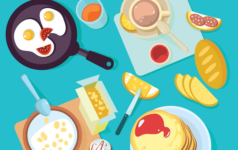 Fresh healthy breakfast food and drinks top view. Egg and sandwich, cereal, bread and butter, milk flat vector illustration isolated on blue backgraund