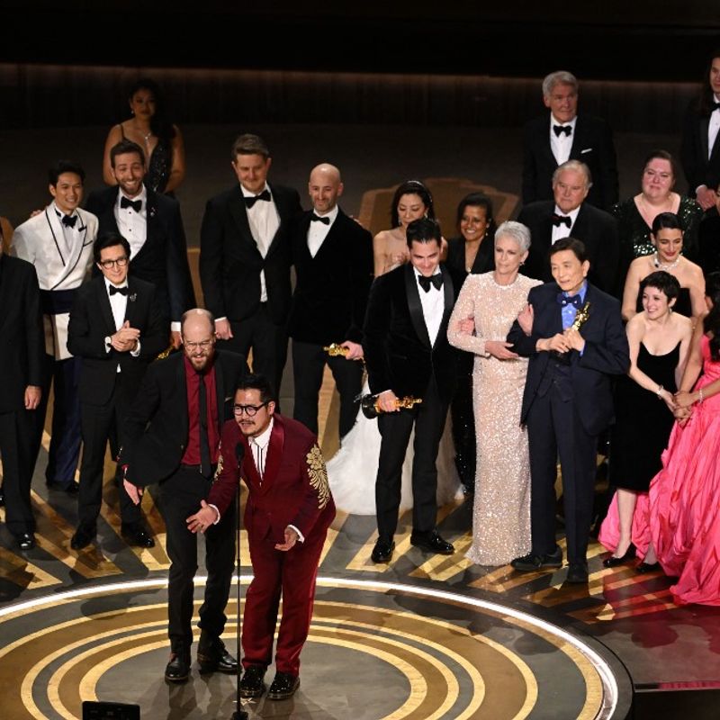 US director Daniel Scheinert (L) and US director Daniel Kwan (R) speak after winning the Oscar for Best Picture for "Everything Everywhere All at Once" onstage during the 95th Annual Academy Awards at the Dolby Theatre in Hollywood, California on March 12, 2023. (Photo by )