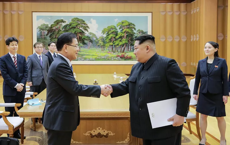 5 March 2018 - Pyongyang, North Korea : (In this handout photos provided by the South Korean Presidential Blue House) North Korean leader Kim Jong Un, (right), shakes hand with South Korean National Security Director Chung Eui-yong, in Pyongyang, North Korea on March 5, 2018., Image: 365209774, License: Rights-managed, Restrictions: *** World Rights ***, Model Release: no, Credit line: Profimedia, SIPA USA