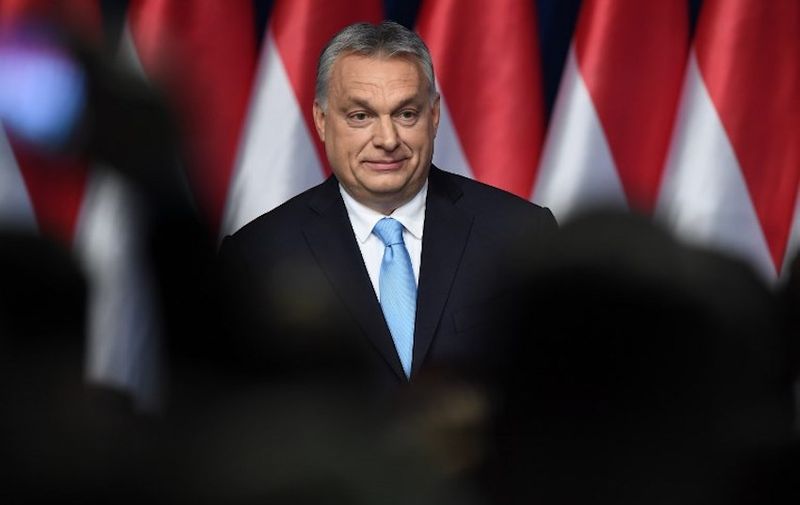 Hungarian Prime Minister and Chairman of FIDESZ party Viktor Orban delivers his state of the nation speech in front of his party members and sympathizers at Varkert Bazar cultural center in Budapest on February 10, 2019. (Photo by ATTILA KISBENEDEK / AFP)