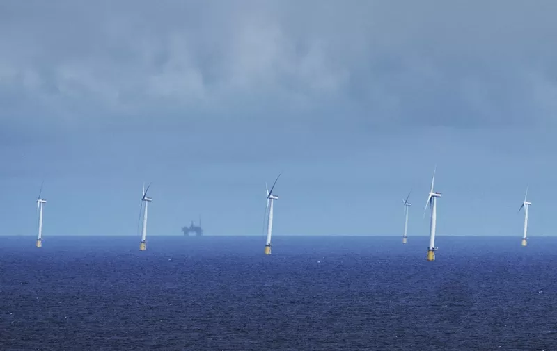 The Hywind Tampen floating offshore wind farm, situated between energy company Equinor's oil and gas fields Snorre and Gullfaks is inaugurated in the Norwegian North Sea off the coast of Bergen on August 23, 2023. (Photo by Ole Berg-Rusten / NTB / AFP) / Norway OUT