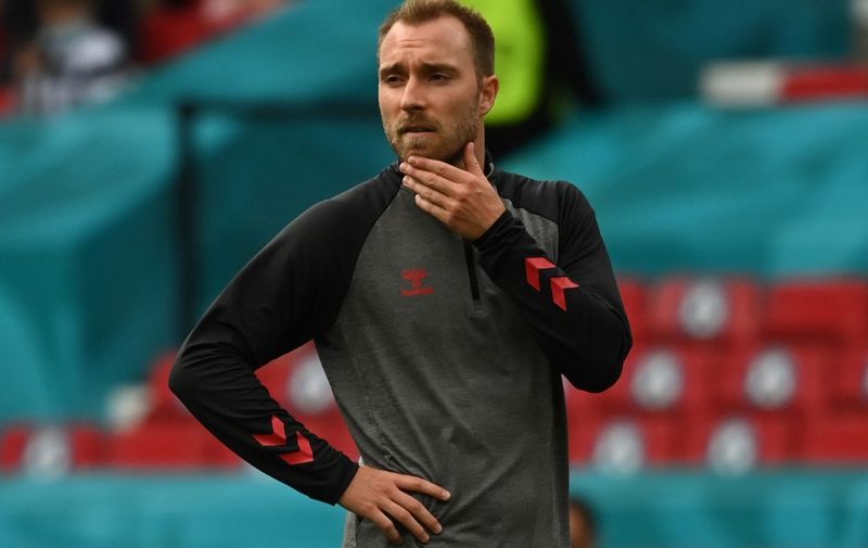 Denmark's midfielder Christian Eriksen warms up before the UEFA EURO 2020 Group B football match between Denmark and Finland at the Parken Stadium in Copenhagen on June 12, 2021. (Photo by Jonathan NACKSTRAND / various sources / AFP)