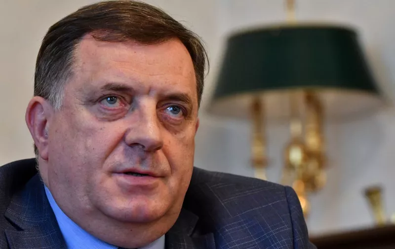 President of the Serb-run entity in Bosnia, Bosnian Serb leader Milorad Dodik answers questions during an interview with AFP in Banja Luka, on April 18, 2018. - Dodik has branded as "lies" claims he intends to create paramilitary units or be a puppet in an attempt by Russia to destabilise his country. The President of the Serb-run entity in Bosnia, which together with the Muslim-Croat Federation makes up the multi-ethnic Balkan country, said: "In Republika Srpska, there are no paramilitary units." (Photo by ELVIS BARUKCIC / AFP)