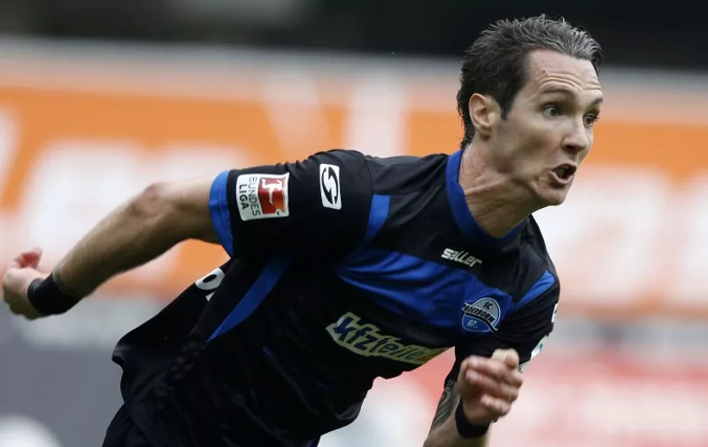 Paderborn's Srdjan Lakic vies for the ball during the German first division Bundesliga football match between SC Paderborn and VfB Stuttgart at the Benteler Arena in Paderborn, western Germany, on May 23, 2015. AFP PHOTO / NORBERT SCHMIDT

RESTRICTIONS - DFL RULES TO LIMIT THE ONLINE USAGE DURING MATCH TIME TO 15 PICTURES PER MATCH. IMAGE SEQUENCES TO SIMULATE VIDEO IS NOT ALLOWED AT ANY TIME. FOR FURTHER QUERIES PLEASE CONTACT DFL DIRECTLY AT + 49 69 650050.
