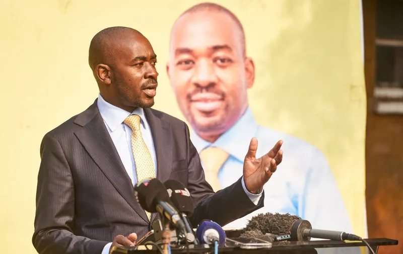 Citizens Coalition For Change (CCC) leader Nelson Chamisa, addresses a press conference in Harare, on August 27, 2023. Zimbabwe's opposition leader Nelson Chamisa challenged the re-election of outgoing President Emmerson Mnangagwa, officially announced the day before, and claimed victory, following a flawed election whose legality has been called into question. (Photo by Zinyange Auntony / AFP)