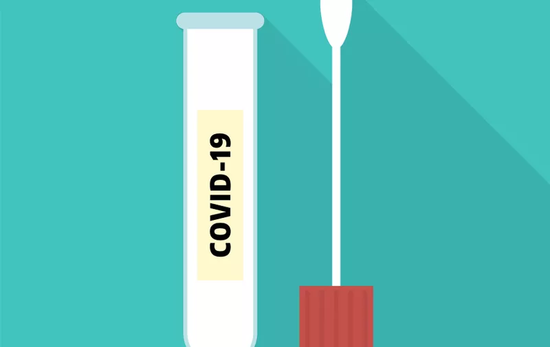 Coronavirus cotton swab test tube. Covid-19. Isolated on blue background. Vector flat illustration.