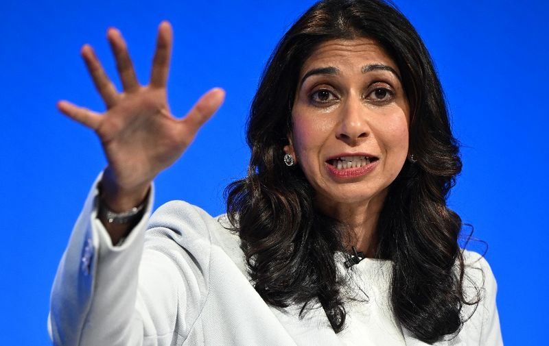 (FILES) Britain's Home Secretary Suella Braverman addresses delegates at the annual Conservative Party Conference in Manchester, northern England, on October 3, 2023. British leader Rishi Sunak sacked controversial interior minister Suella Braverman on November 13, 2023, multiple UK media outlets reported, as he reshuffles his top team ahead of a general election expected next year. (Photo by Oli SCARFF / AFP)