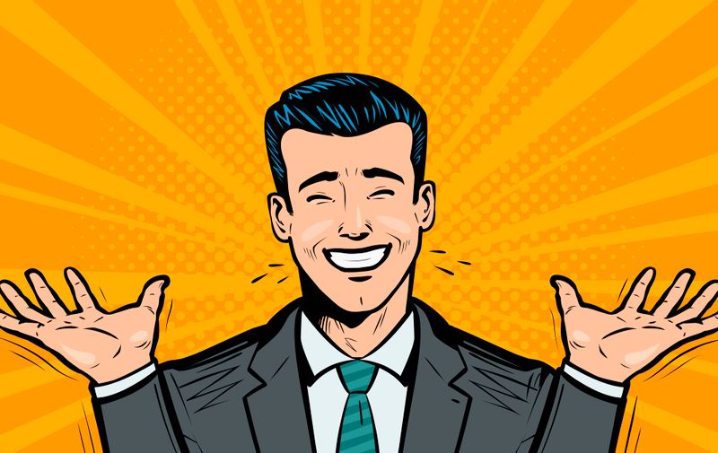 Happy businessman or student rejoices at success. business concept. Cartoon in pop art retro comic style