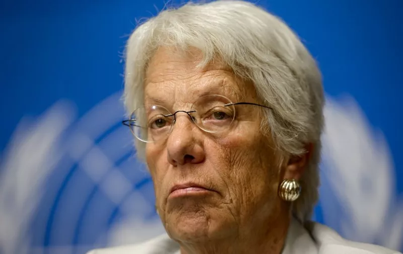 (FILES) This file photo taken on August 27, 2014 shows member of the United Nations (UN) Commission of Inquiry on Syria, former UN prosecutor Carla del Ponte of Switzerland, reacts during a press conference at United Nations offices in Geneva.
Former UN prosecutor and war crime specialist Carla del Ponte of Switzerland will quit her position as member of the United Nations (UN) Commission of Inquiry on Syria, which "never obtained anything", she told the Swiss newspaper Blick on August 6, 2017. / AFP PHOTO / FABRICE COFFRINI