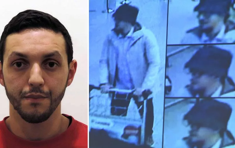 This combo of file pictures made on April 10, 2016 shows an undated file picture released on November 24, 2015 by Belgian federal police of Mohamed Abrini (L) and a suspect of this morning's attacks at Brussels Airport, in Zaventem, pushing a trolly with suitcases.
Paris attacks suspect Mohamed Abrini confessed on April 10 to being "the man in the hat" caught on video with suicide bombers at Brussels airport last month, images that had sparked a massive manhunt. / AFP PHOTO / BELGIAN FEDERAL POLICE / HO / RESTRICTED TO EDITORIAL USE - MANDATORY CREDIT "AFP PHOTO / BELGIAN FEDERAL POLICE" - NO MARKETING NO ADVERTISING CAMPAIGNS - DISTRIBUTED AS A SERVICE TO CLIENTS