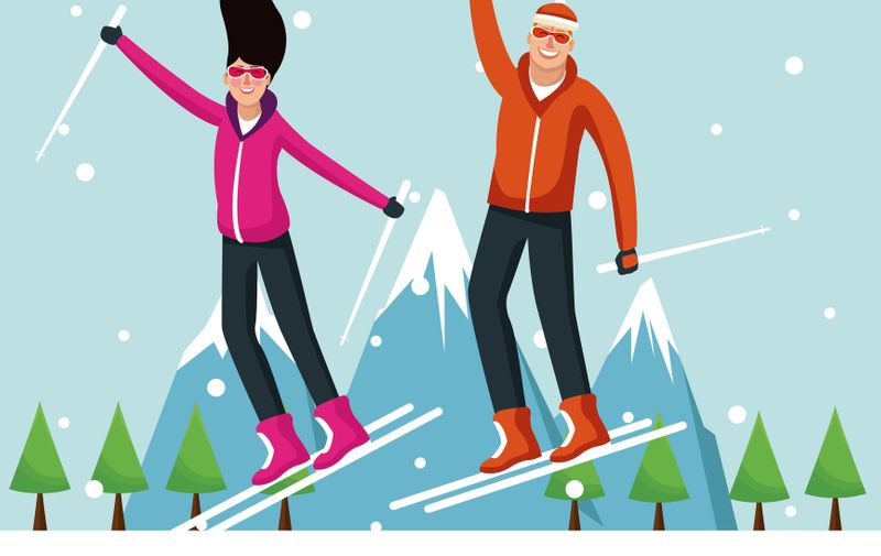 Man and woman with skis extreme sport vector illustration graphic design