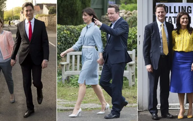 This combination picture shows (L-R) Opposition Labour Party leader Ed Miliband and his wife Justine Thornton, leader of the Conservative Party David Cameron and his wife Samantha and leader of the Liberal Democrat party Nick Clegg and his wife Miriam Gonzalez Durantez voting on May 7, 2015 as Britain holds a general election. Polls opened today in Britain's closest general election for decades with voters set to decide between the Conservatives of Prime Minister David Cameron, Ed Miliband's Labour and a host of smaller parties. AFP PHOTO