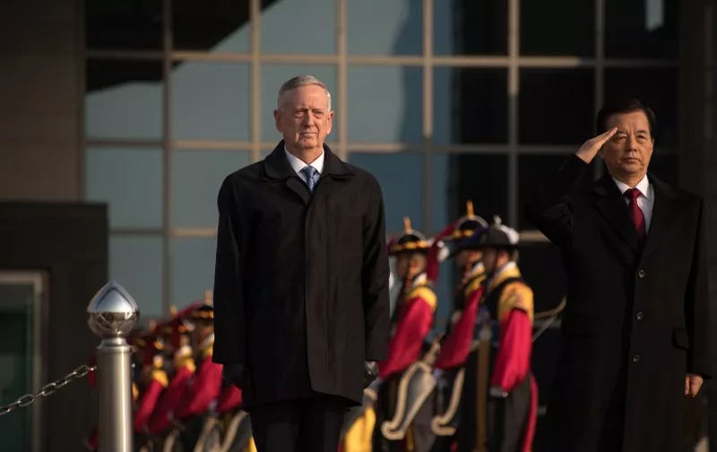 US Defense Secretary James Mattis attends an honour guard ceremony with his South Korean counterpart Han Min-Koo (R) at the Defense Ministry in Seoul on February 3, 2017.
Mattis was in the South Korean capital before going on to Tokyo, on the first overseas tour by a senior Trump administration official as concerns rise about the direction of US policy in the region under the protectionist and fiery leader. / AFP PHOTO / Ed JONES