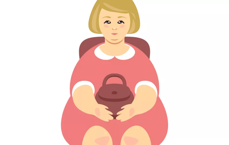 Blonde overweight woman sitting on a chair in a pink dress. Vector illustration
