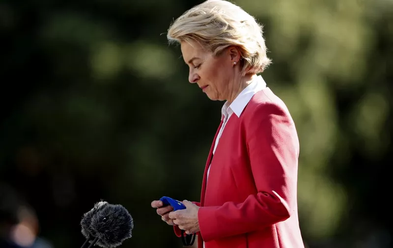 European Commission President Ursula von der Leyen speaks to the press as she arrives at the Palacio de Cristal for an informal meeting in the framework of the European Social Summit in Porto, on May 8, 2021. (Photo by Francisco Seco / POOL / AFP)