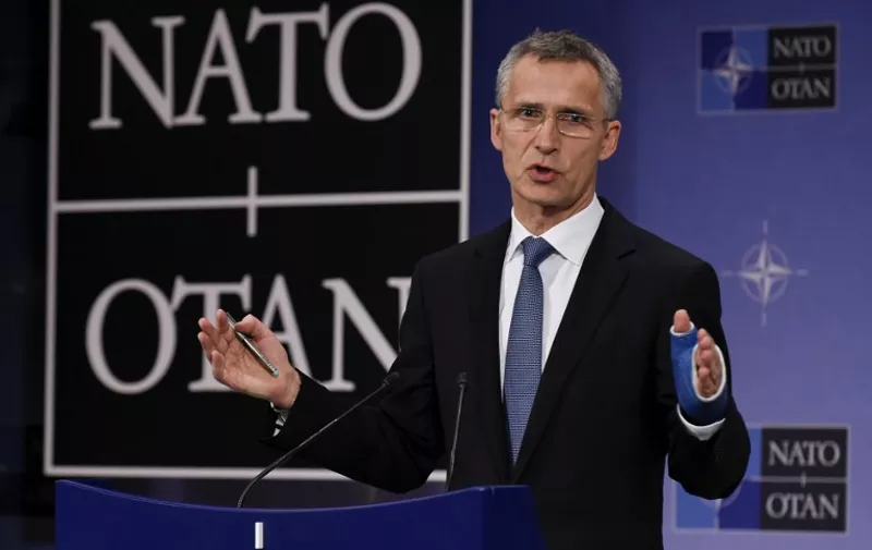 NATO Secretary General Jens Stoltenberg speaks during a joint press  during a Foreign Affairs meeting at the NATO headquarters in Brussels on December 1, 2015.   / AFP / JOHN THYS