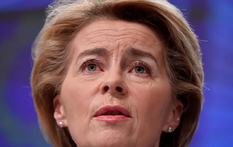 European Commission President Ursula von der Leyen speaks during a press conference to present the economic response to the Covid-19 crisis at the EU headquarters in Brussels on March 13, 2020. (Photo by JOHN THYS / AFP)