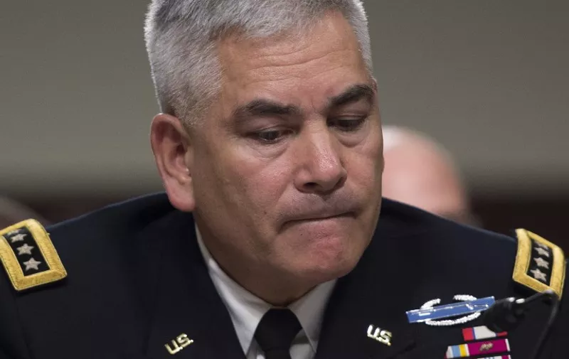 Commander US Forces Afghanistan General John Campbell testifies before the Senate Armed Services Committee on Capitol Hill in Washington, DC, October 6, 2015.  The recent US air strikes on a hospital in Kunduz that killed 22 people were a mistake, the top US commander in Afghanistan said Tuesday.    AFP PHOTO/JIM WATSON