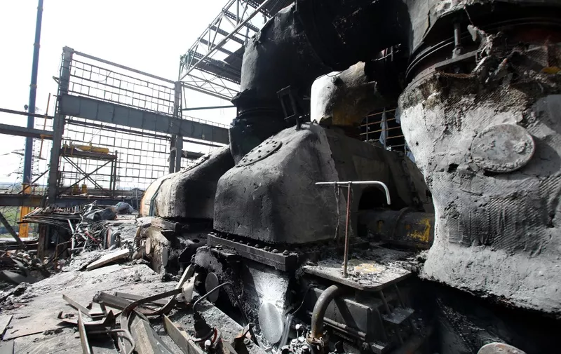 The Kharkiv Combined Heat and Power Plant (CHP) is being damaged by Russian shelling in the Kharkiv Region, northeastern Ukraine, on April 11, 2024. NO USE RUSSIA. NO USE BELARUS. (Photo by Ukrinform/NurPhoto) (Photo by Vyacheslav Madiyevskyy / NurPhoto / NurPhoto via AFP)
