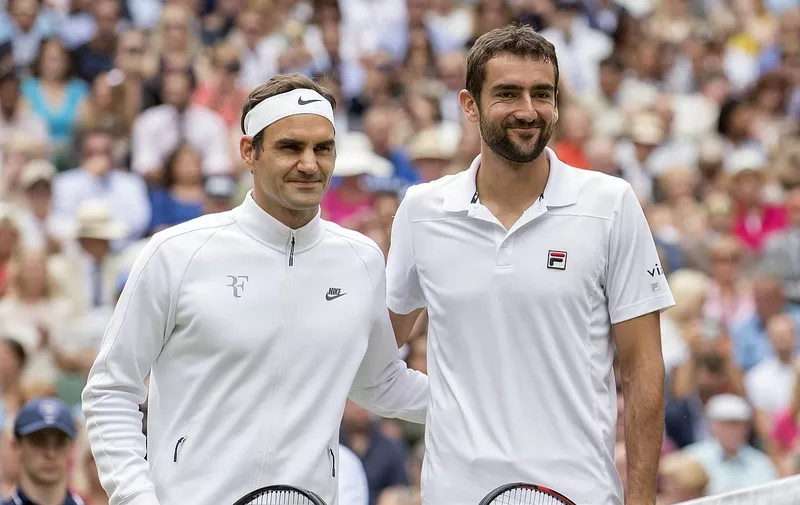 Jul 16, 2017; London, United Kingdom; Marin Cilic (CRO) and Roger Federer (SUI) at the net before the men&#8217;s final match on day 13 at the All England Lawn Tennis and Croquet Club., Image: 342049177, License: Rights-managed, Restrictions: *** World Rights ***, Model Release: no, Credit line: Profimedia, SIPA USA
