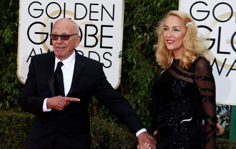 Rupert Murdoch and Jerry Hall arrive for the 73rd Annual Golden Globe Awards at the Beverly Hilton Hotel in Beverly Hills, California, USA, 10 January 2016. Photo: Hubert Boesl/dpa - NO WIRE SERVICE -