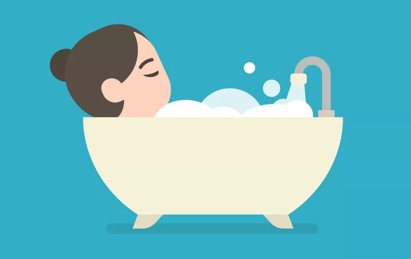 Girl taking a Bath in a Bathtub, cute character, vector illustration.