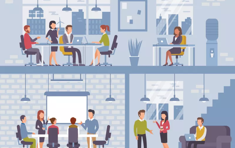People in coworking office concept design for web banners, infographics. Co-workers at work. Flat style vector illustration.