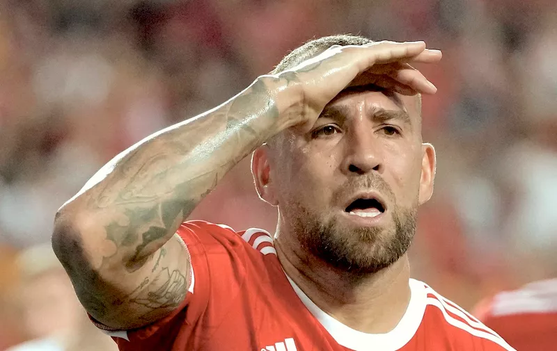Benfica's Nicolas Otamendi celebrates after scoring during the Champions League playoffs, second leg, soccer match between Benfica and Dynamo Kyiv at the Luz stadium in Lisbon, Tuesday, Aug. 23, 2022. (AP Photo/Armando Franca)