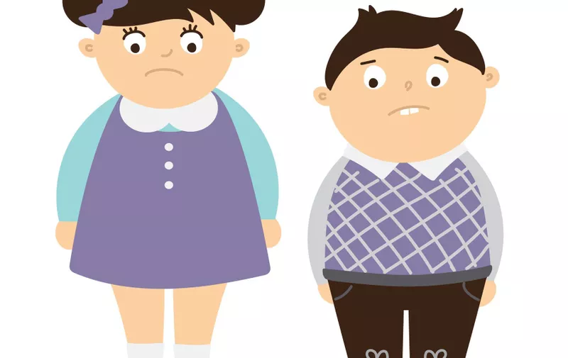 Isolated sad fat children on white background. Concept of children obesity and bullying overweight kids. Sad boy and girl., Image: 297553144, License: Royalty-free, Restrictions: , Model Release: no, Credit line: Profimedia, Stock Budget