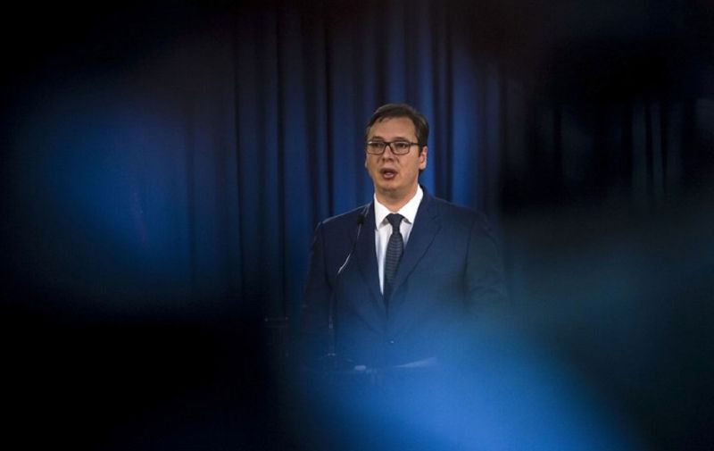Serbian President Aleksandar Vucic gives a press conference in Belgrade, on June 15, 2017.
Vucic announced Ana Brnabic as the serbia's next prime minister. / AFP PHOTO / OLIVER BUNIC