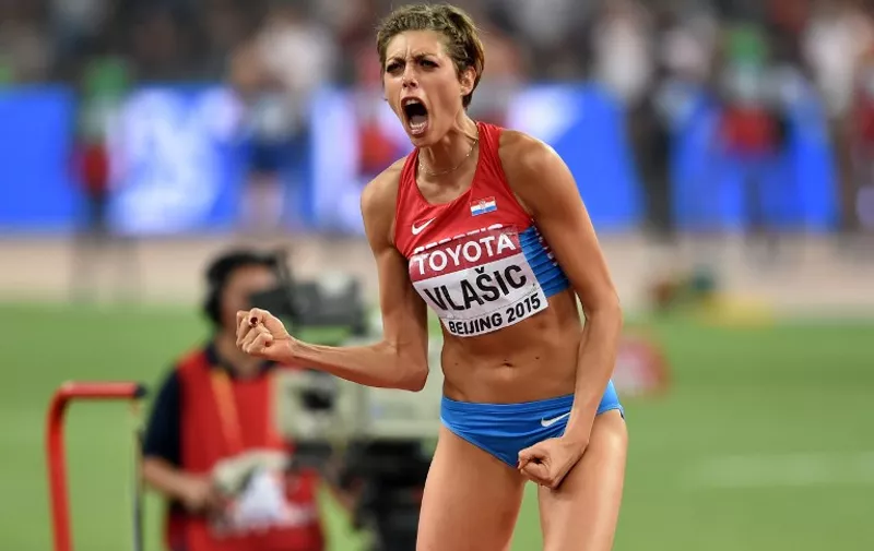 Croatia's Blanka Vlasic reacts after a jump in the final of the women's high jump athletics event at the 2015 IAAF World Championships at the "Bird's Nest" National Stadium in Beijing on August 29, 2015.  AFP PHOTO / PEDRO UGARTE