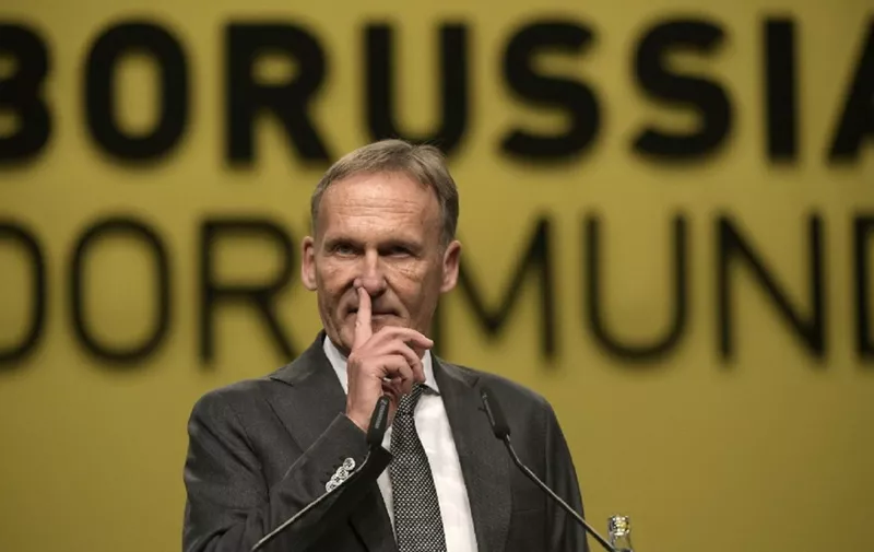 Hans-Joachim Watzke, manager of German first division Bundesliga football club Borussia Dortmund, gives a speech during the club's annual general meeting in Dortmund, western Germany, on November 24, 2019. (Photo by INA FASSBENDER / AFP)